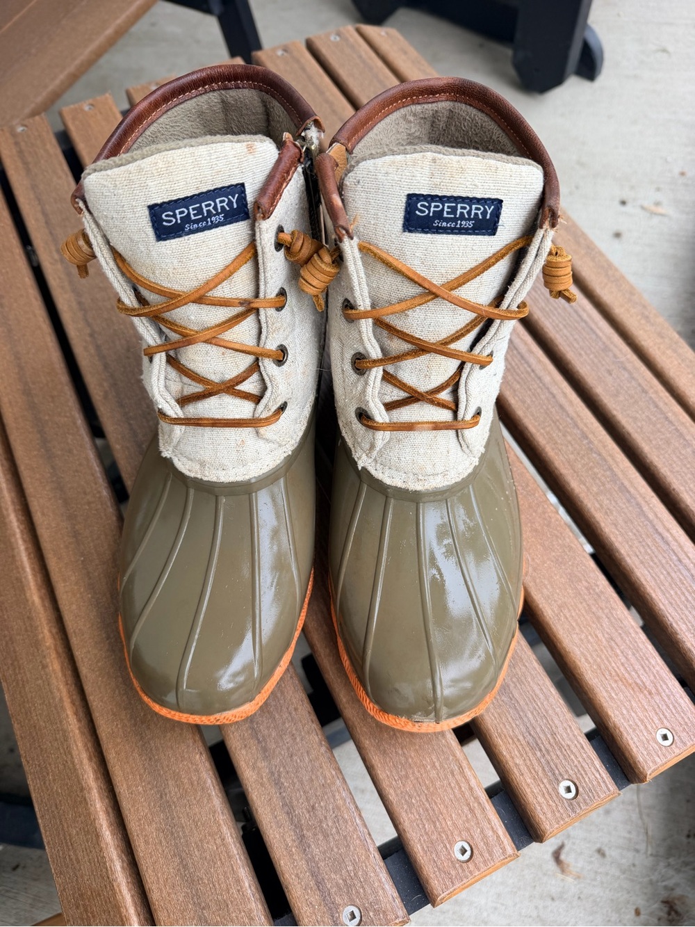 Sperry Olive Green and Cream Lace-Up Duck Boots